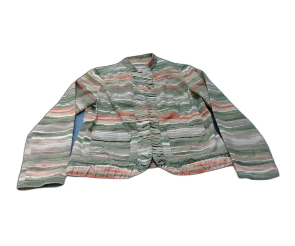 Chico's Woman  Jacket Sz 0 (S) Open Front Ruffle Green Striped Career Office